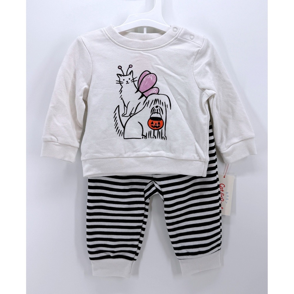Cat & Jack Baby Halloween Cat Dog Pumpkin Sweatshirt Striped Joggers Set 12M